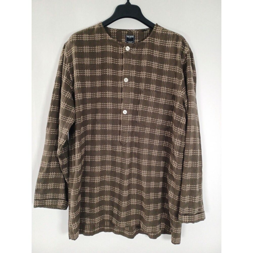 Todd Snyder Mens Beach Long Sleeve Brown Tile Geometric Henley Style Shirt Large